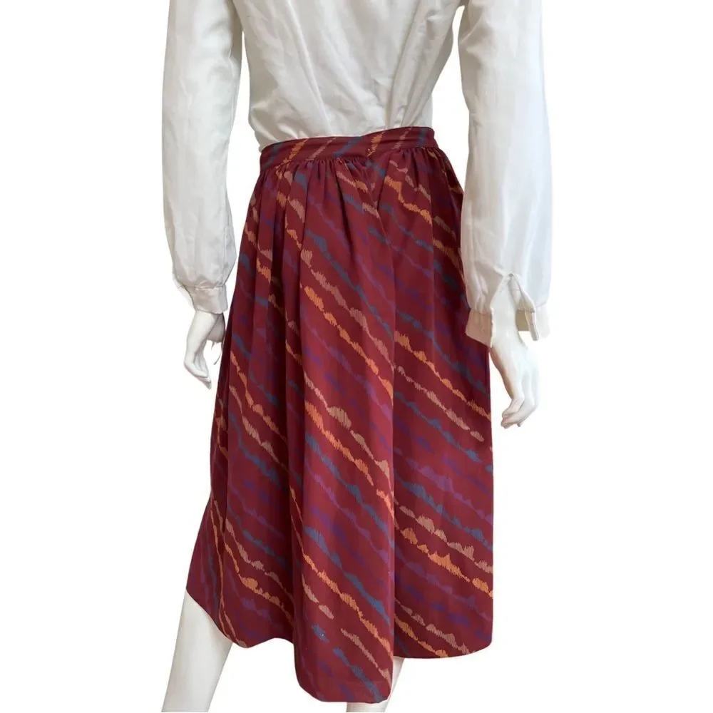 Vintage 1980s High Waist Plum Abstract Print Pleated Fit and Flare Midi Skirt